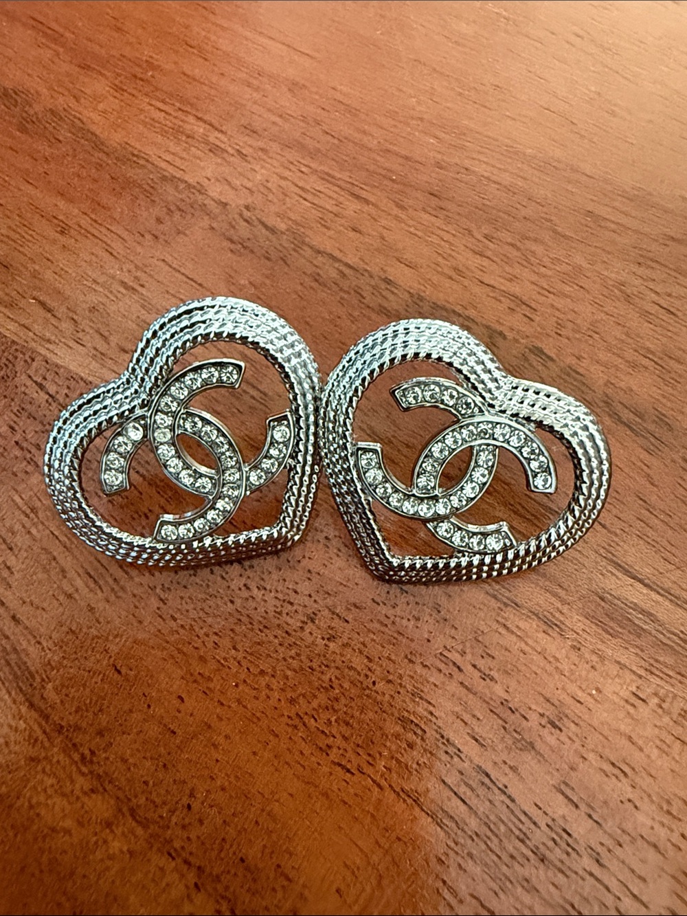 Silver-Tone Heart CC Crystal Stud Earrings